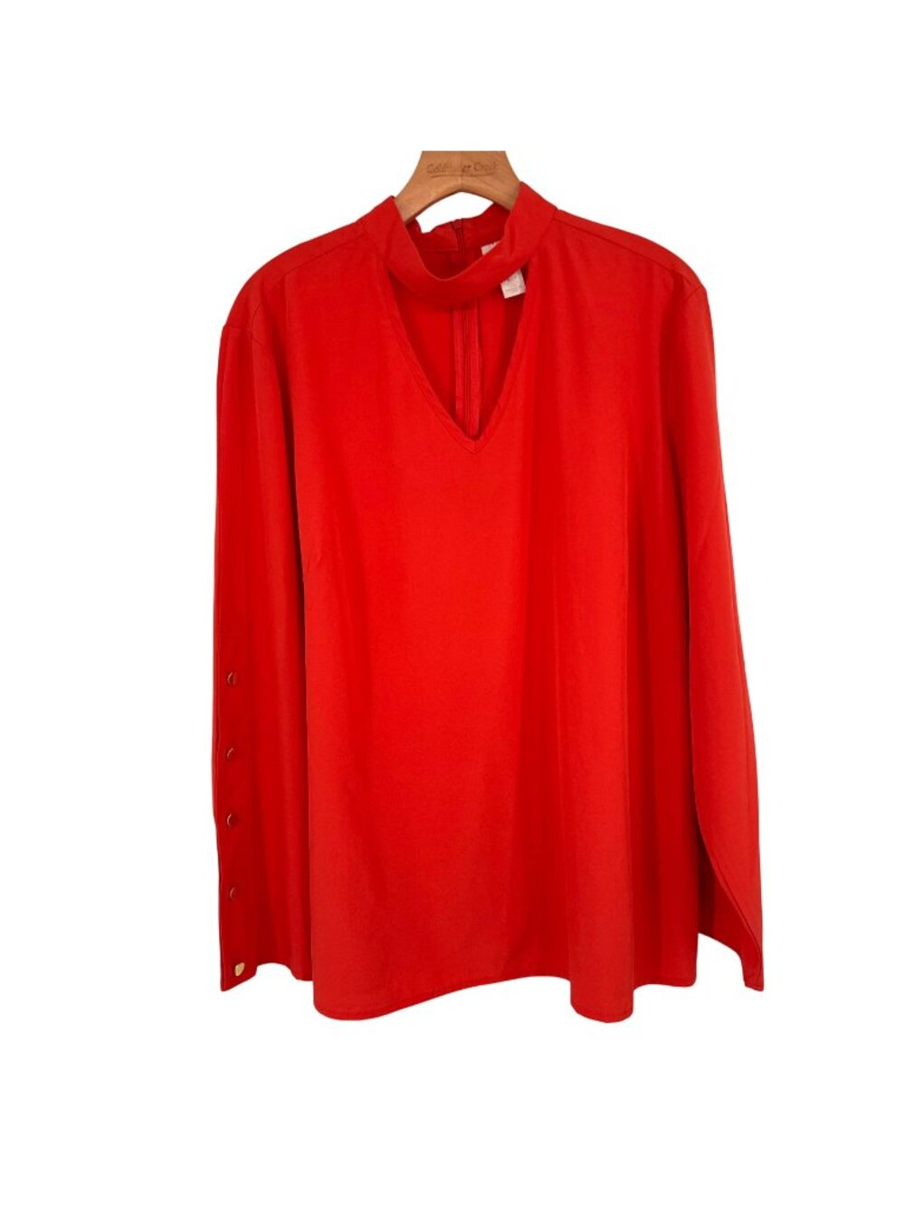 Chicos 3 Womens orange V-Neck keyhole Blouse gold Button long sleeve Size XL
